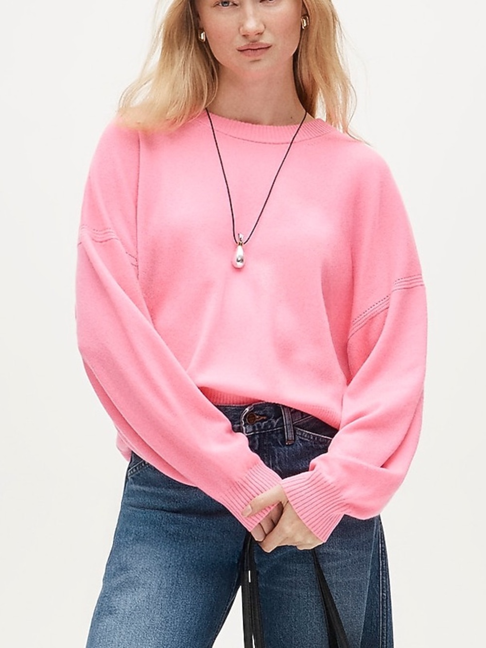 NWT J.Crew Neon Geranium Pink Cashmere blouson-sleeve sweater Sz L